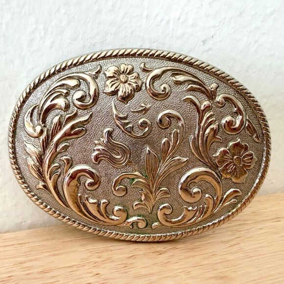 Vintage Accessories - Vintage 24K Gold Plated Rodeo Western Belt Buckle Floral Design